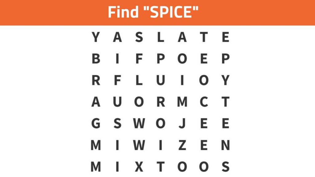 Word Search Puzzle - Find the word ”SPICE” in 9 seconds!