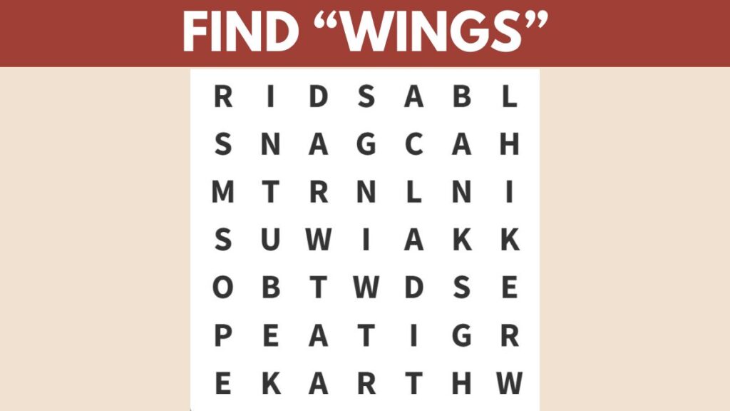 Word Search Puzzle: Find the word ”WINGS” in 7 seconds!