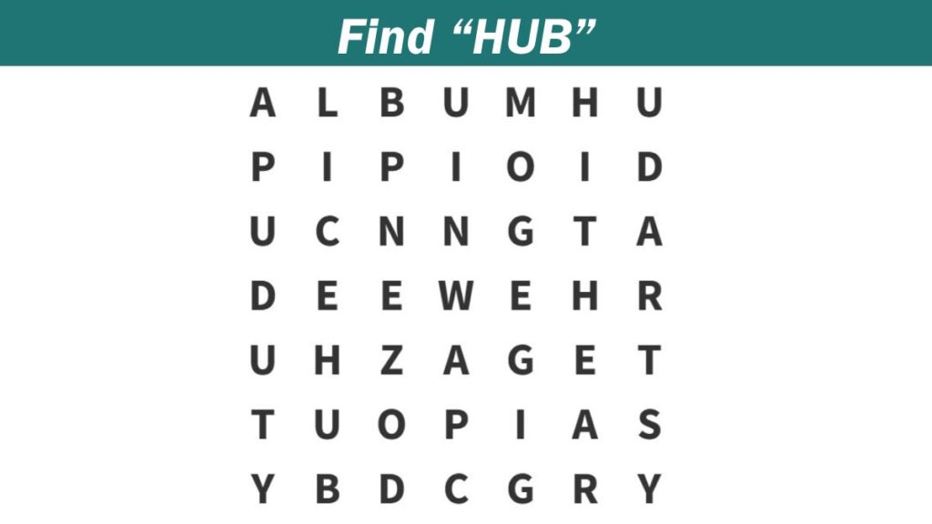 Word Search Puzzle: Find the word ”HUB” in 5 seconds!